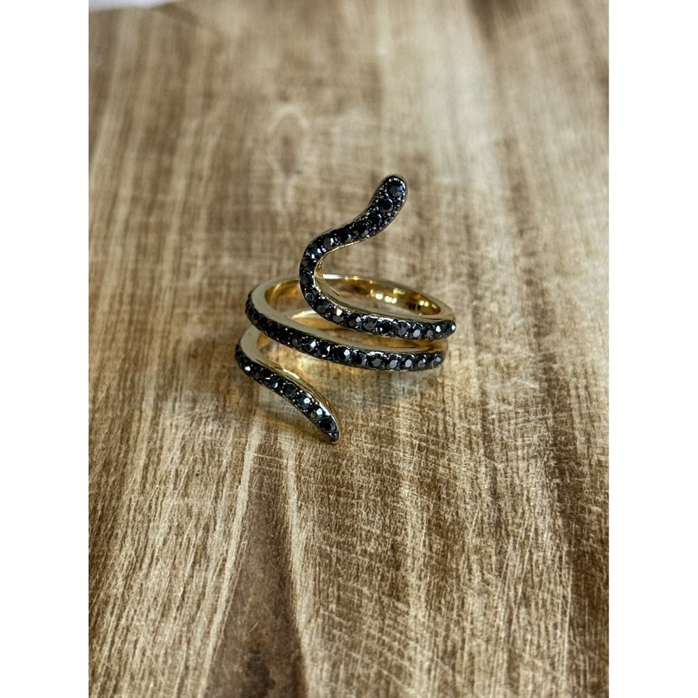 Gold Tone Black Crystal Snake‎ Wrap Ring Size 8 Statement Ring - Picture 3 of 4